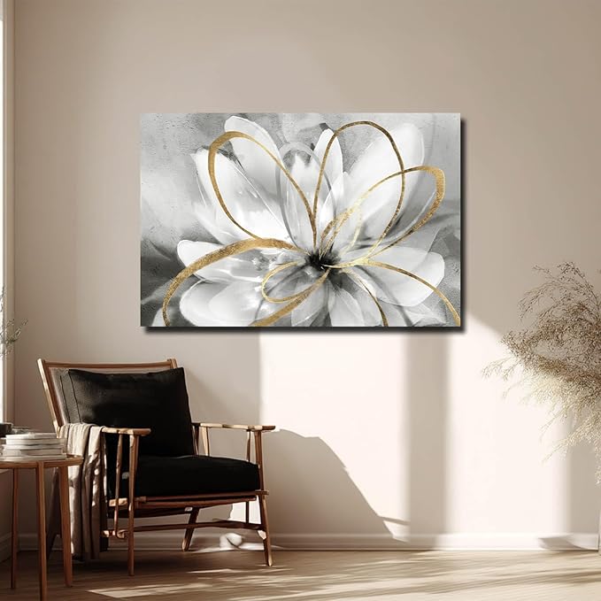 SOUGUAN White Floral Wall Decor Grey Background Modern Painting Wall Art 24"x36" Neutral Artwork Paintings for Bedroom Kitchen Pictures