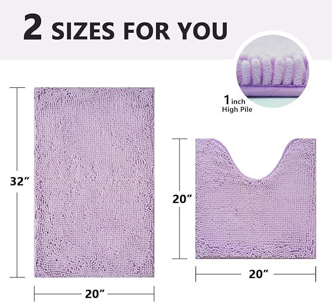 BOANKODU Bath Mat Set, 2-Piece Very Soft Chenille Bathroom Rugs, Non-Slip, Machine Washable (Lavender, 32x20 Inch U-Shaped + 20x20 Inch)