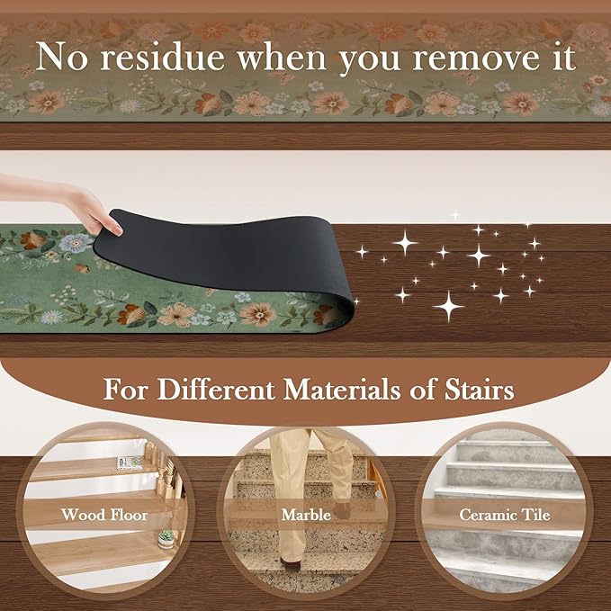 OJIA Floral Stair Treads Non-Slip Stair Runners for Wooden Steps Indoor 15PCS 30"x8" Stair Mats Staircase Step Treads for Kids, Elders and Dogs, Stair Covers, Green