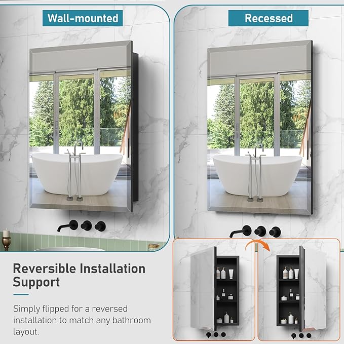 20 x 26 Inch Medicine Cabinet for Bathroom Wall Mounted, Recessed With Beveled Mirror and Adjustable Shelves, Black Cabinet With Ample Storage for Modern House