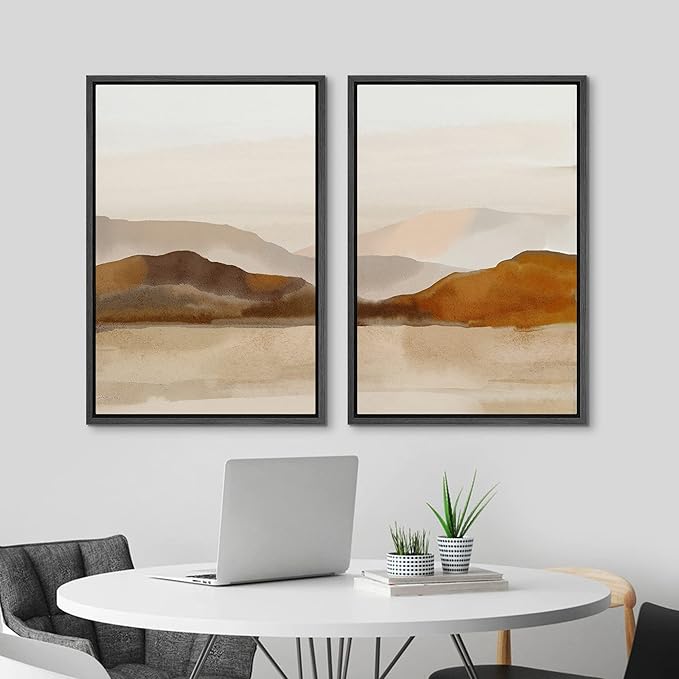 MUDECOR Framed Canvas Print Wall Art Pastel Brown Mountain Range Ocean Lake Wilderness Nature Illustrations Modern Art Decorative Calm/Relax Multicolor Rustic Minimal for Bedroom - 24"x36"x2 Black