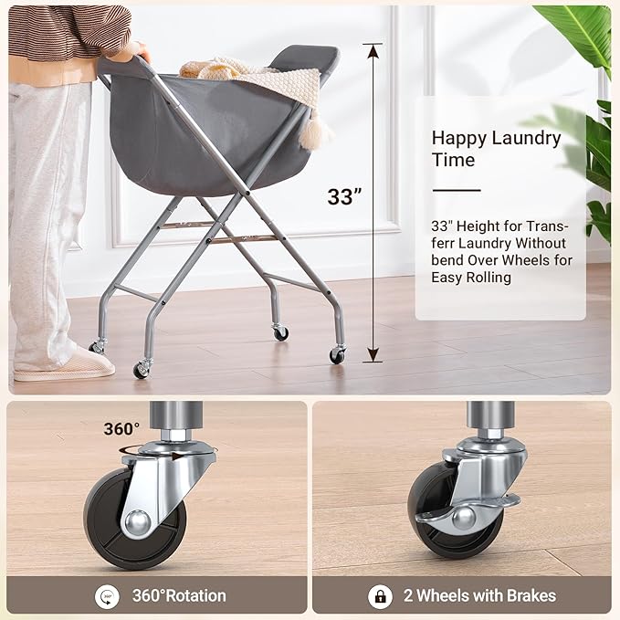 ELYKEN Laundry Cart with Wheels, 33”H Easy Rolling Laundry Hamper with Removable Liner Bag, Sturdy Metal Frame Clothes Basket with 4 Casters and 2 Brakes