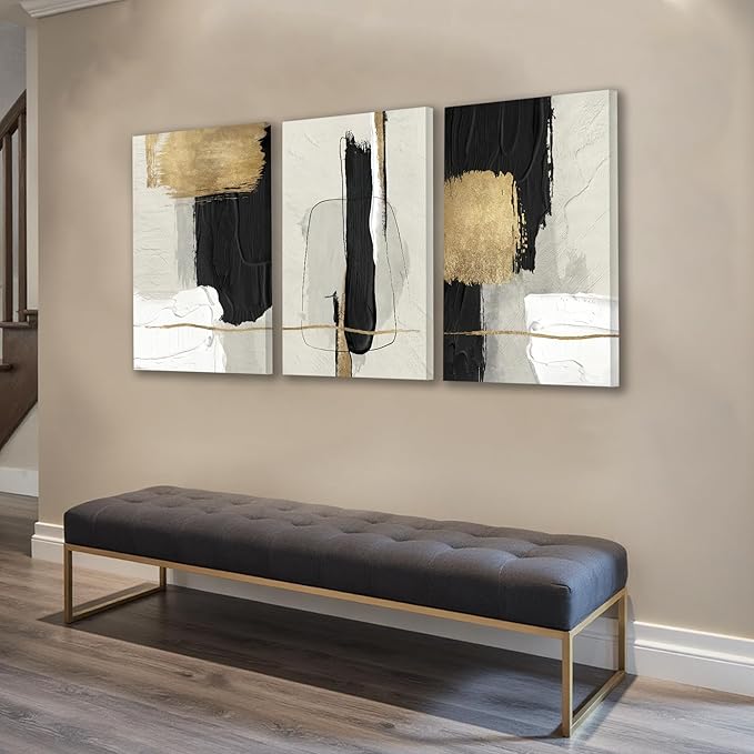 DUWQU 3 Piece Large Black and Gold Abstract Canvas Wall Art, Modern Black Gold and White Art Wall Decor, Minimalist Grey Beige Block Prints for Living Room Bedroom Office Home Decorations 20×30x3 In