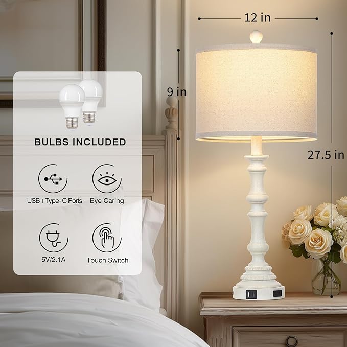27.5" White Tall Lamp for Living Room, Vintage Farmhouse Table Lamps Set of 2 with USB C+A Ports & AC Outlet, 3-Way Touch Control Bedside Lamps, Rustic Bedroom Lamp for Nightstand Side Table