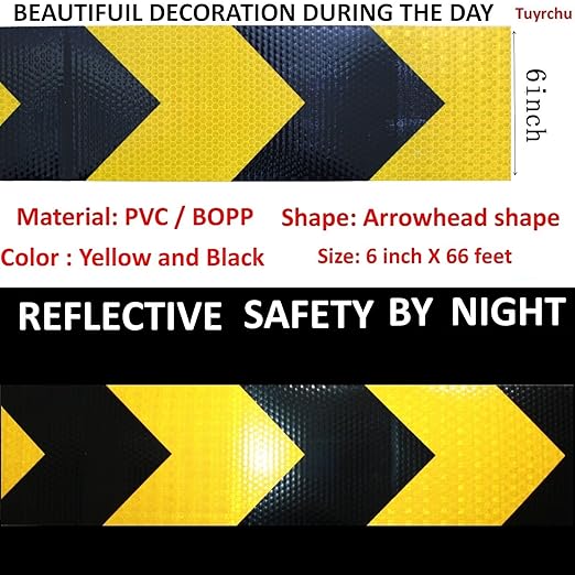 Reflective Tape Yellow Black 6 inch Wide, Outdoor Waterproof Hazard Conspicuity Warning Industrial Marking Tape (66 feet)