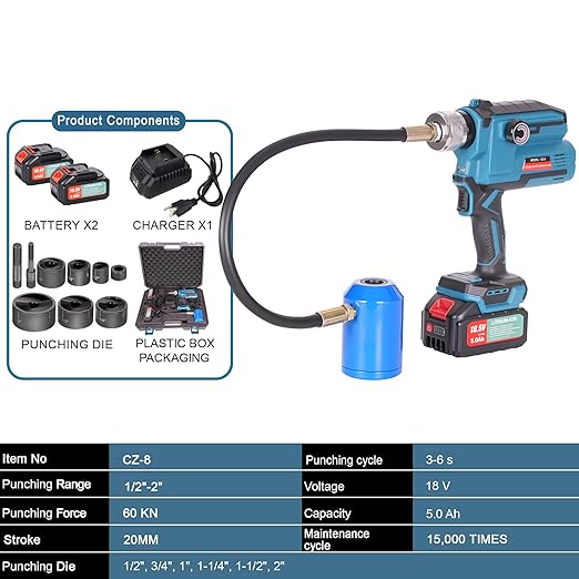 AMZCNC EZ-8 Battery-Hydraulic Knockout Punch Kit with 8-Ton, 1/2" to 2" Slug-Buster Draw Studs, Battery, Charger, and Case (EZ-8)