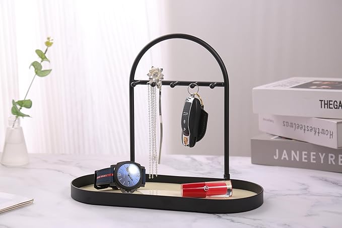 Shinpuru Metal Jewelry Organizer Stand & Key Holder Tray with Acrylic Base, Key Stand and Jewelry Tray with 5 Hooks, Perfect Key Bowl, Valet Tray, Ring Holder, Jewelry Dish (Matt Creamy)