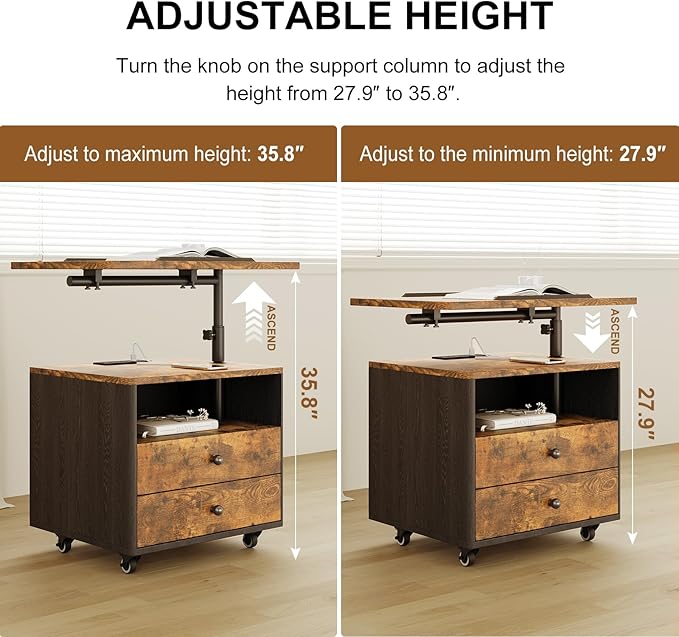 Bedroom Nightstand with Drawers & Charging Station, Adjustable Height Bedside Table with Wheels, Wooden Small Sofa Side Tables with Storage for Living Room, Rustic Brown