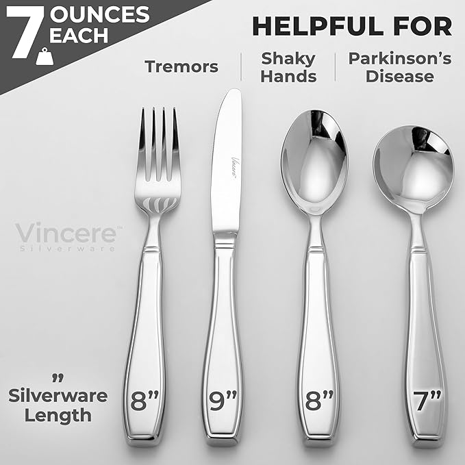 Weighted Utensils for Tremors and Parkinsons, Heavy Weight Stainless Steel Silverware Set, Adaptive Eating Flatware Helps Hand Tremors, Parkinsons Aids for Living, Arthritis - Knife, Fork, Spoons, 7oz