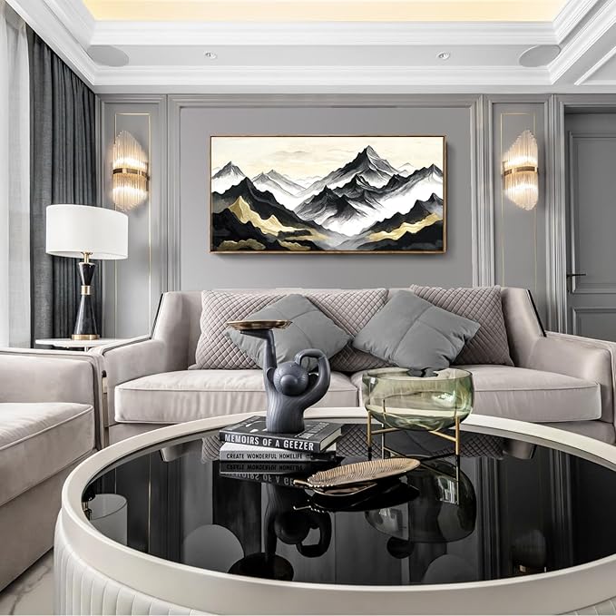 amatop Mountain Landscape Wall Art, Large Framed Modern Abstract Black and White Canvas Print – Zen Minimalist Nature Artwork for Office Wall Decor, Living Room & Bedroom (48x24 Inch)
