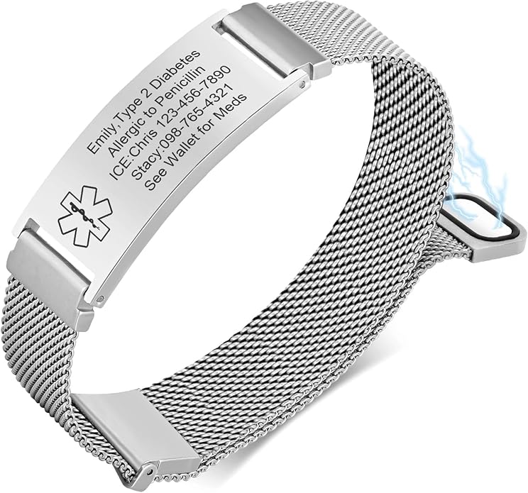 VNOX Medical Alert Id Bracelet for Men Women, Custom Engraving Adjustable Stainless Steel Customizable Mesh Emergency Survival Medic Bracelets Wristband Loop Band with Replacement Tag