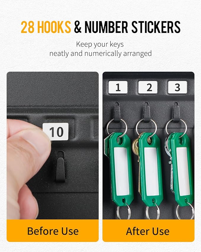 Uniclife Steel Key Cabinet Wall Mounted Organizer - 28 Keys, 2 Unlocking Keys - Black Frosted Security Box with Hooks and Color-Coded Labels