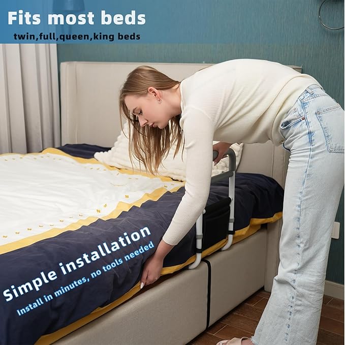 Bed Rails for Elderly Adults - 350LBS Heavy Duty Bed Assist Rail with Non-Slip Bedside Handle, Fall Prevention Safety Cane with Storage Pocket for Seniors, Fits King/Queen/Full/Twin Beds