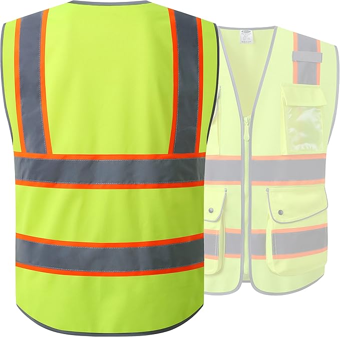 JKSafety 9 Pockets Hi-Vis Neon Yellow Color Zipper Front Safety Vest with Fluorescent Orange Extend Edge outlining the Reflective Tapes Meet ANSI/ISEA Class 2 Standard (901-Yellow, Large)