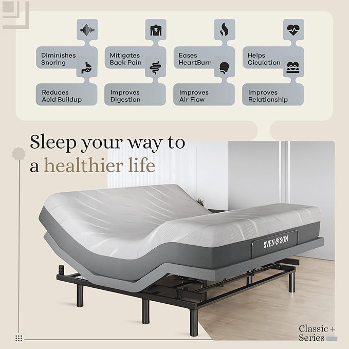 Sven & Son Harmony Adjustable Bed Base, Head and Foot Lift, Massage, Under-Bed Lights, USB, Gel Memory, Zero Gravity Smart Frame - King + 14 inch Hybrid Spring Matt (Medium Soft)
