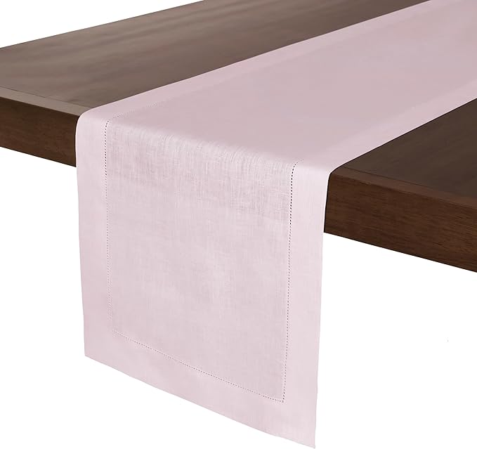 D'Moksha Homes Linen Pastel Pink Table Runner 108 Inches Long - 100% Pure Linen 14 x 108 Inch Table Runner for Valentines, Spring, Easter - Classic Hemstitch