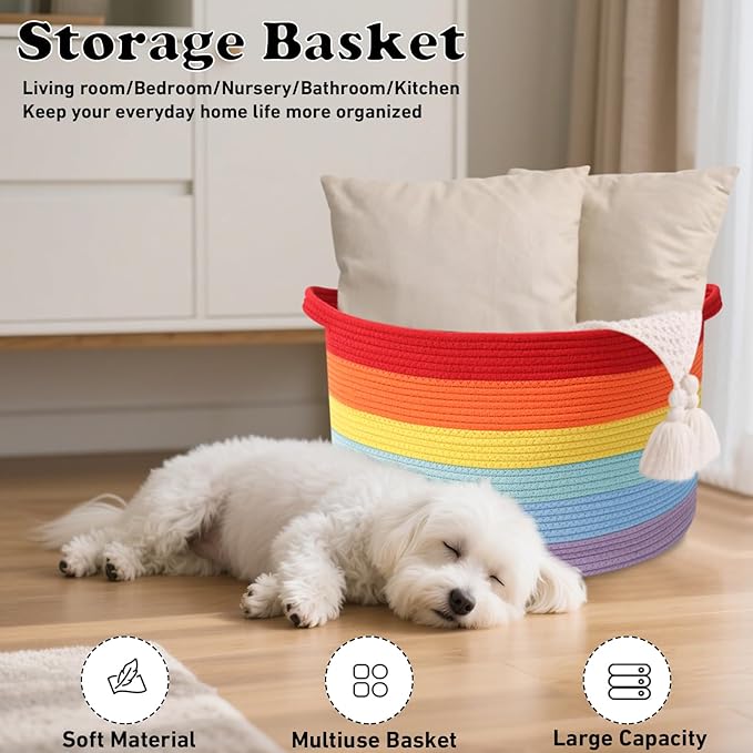 Large Storage Basket with Handle,19.7" L x 19.7" W x 13" H Blanket Basket Storage Bins for Organizing,65L Cotton Rope Woven Baskets for Living Room, Nursery ,Bedroom,Rainbow