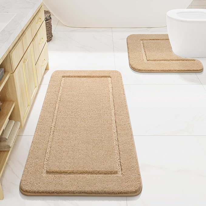 LOCHAS Bathroom Rug Set Beige, Soft Bath Rug Set 2 Piece, Toilet Mat U-Shaped 20x20 and 24x48 Bath Rugs, Quickly Dry Mats for Bathroom, Tub, Washable, Super Absorbent Floor Mat