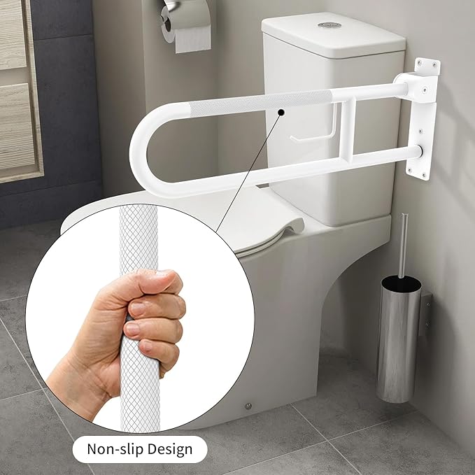 Toilet Grab Bar 30.3 Inch, YuanDe White Anti-Slip Support Rail, U Shaped Flip-Up Grab Bar with Paper Holder, Stainless Steel Knurled Handicap Safety Handrails for Disabled Elderly Pregnant
