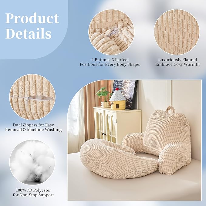 Back Pillow for Bed Sitting Up,U Shaped & Back Support Pillow for Bed,17" Backrest with Lumbar & Arm Support,Comfy Corduroy Fabric,Lap Pillow for Gaming/Reading/Watching TV,White