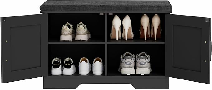 2-Tier Storage Bench, 27.6" Wide Shoe Bench with Padded Seat Cushion, Entryway Bench with 2 Barn Doors and Adjustable Shelf, Black