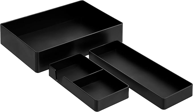 Amazon Basics Rectangular Plastic Desk Organizer Bundle (3 pieces) Half Accessory Tray, Small, Black