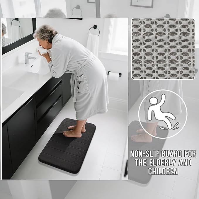 Yimobra Large Bath Mat Set 2 Piece- Super Soft Absorbent Quick Dry Memory Foam Bathroom Rugs, Machine Washable Non Slip Floor Carpet for Tub Shower & Double Vanity (17x24 & 44x24, Black)