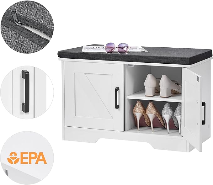 2-Tier Storage Bench, 27.6" Wide Shoe Bench with Padded Seat Cushion, Entryway Bench with 2 Barn Doors and Adjustable Shelf, White