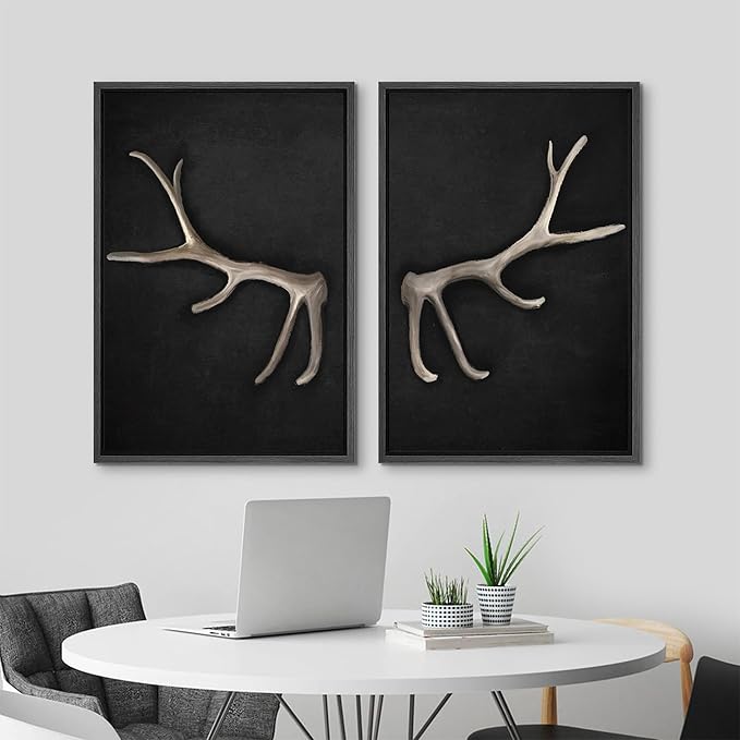 MUDECOR Framed Canvas Print Wall Art Rustic Antler Minimalist Antler Illustrations Modern Art Decorative Bohemian Colorful Chic for Living Room, Bedroom, Office - 16"x24"x2 Black