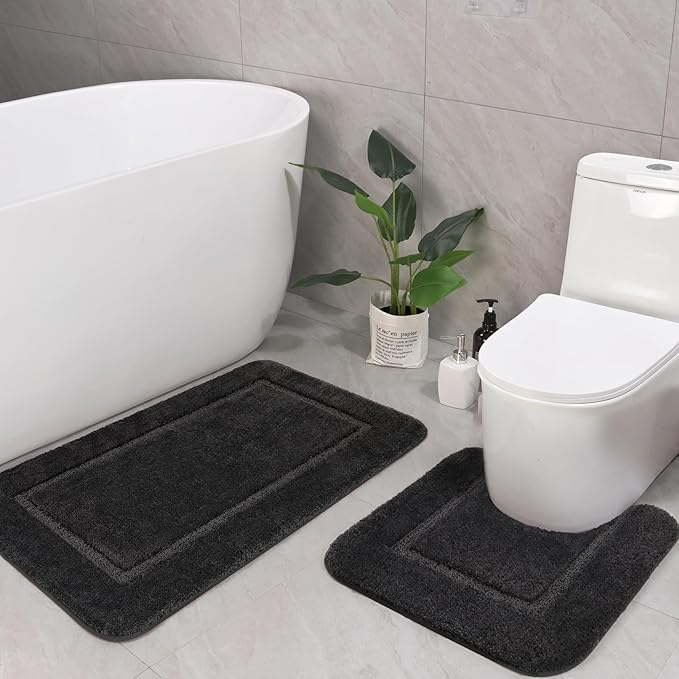LOCHAS Bathroom Rug Set Dark Grey, Soft Bath Rug Set 2 Piece, Toilet Mat U-Shaped 20x20 and 34x20 Bath Rugs, Quickly Dry Mats for Bathroom, Tub, Washable, Super Absorbent Floor Mat
