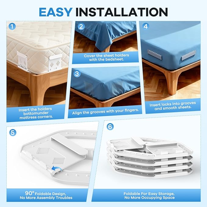 Upgrade Bed Sheet Holders for Corners Keep Sheets Firm & Tight, Foldable Lock Sheet Holders Set of 4, Heavy Duty Bed Sheet Clips, Sheet Locks, Fit All Mattress Easy Install, White
