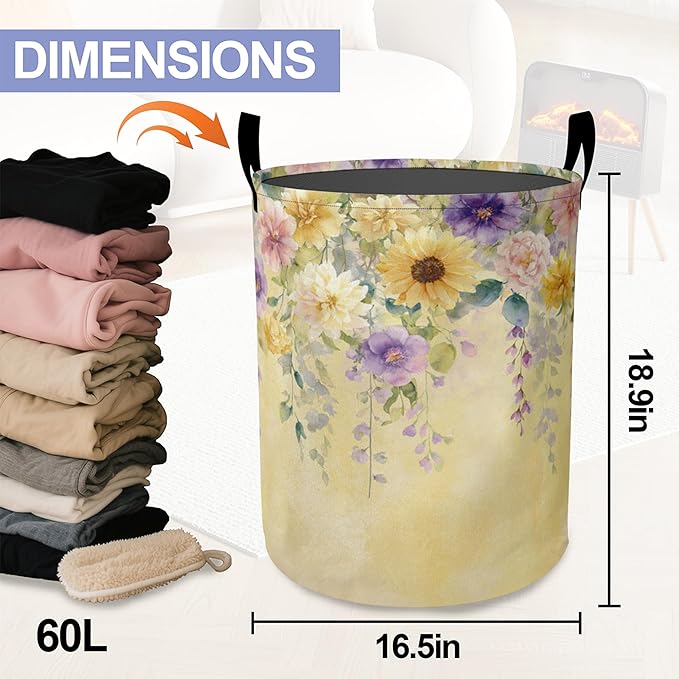 Yellow Wisteria Flowers Laundry Basket-Large Foldable Hamper Holder Portable Tall Collapsible Laundry Hamper Storage Basket Bin with Handles, Canvas & Waterproof lining for Household Items
