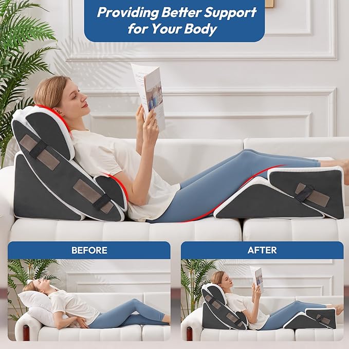 6PCS Wedge Pillow Set for After Surgery, Bed Wedge Pillow Post Surgery, Wedges Pillows for Back Pain Relief, Acid Relux, Sit Up Pillow for Beds, Beds Wedges & Body Positioners, White/Grey