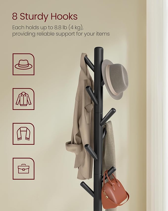 VASAGLE Coat Rack, Free Standing Coat Stand, Hall Coat Tree with 8 Hooks and Storage Shelf, 69.2 Inch Tall, for Coats, Hats, Bags, for Entryway, Hallway, Bedroom, Ink Black URCR033B01