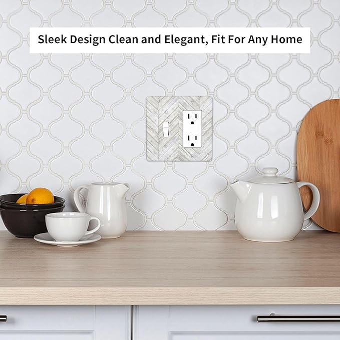 Rustic White Gray Herringbone Wood 2 Gang Single Toggle Rocker Combination Light Switch Cover Vintage Country Decorative Wall Plate Cover Electrical Faceplate Switchplate for Farmhouse Bedroom Decor