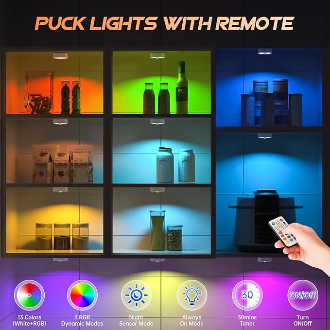 Wireless Step Light Rechargeable Puck Lights with Charging Station, RGB Motion Sensor Puck Light Under Cabinet Lighting with Remote Control, LED Closet Lights for Stair, Kitchen (3 Pcs)