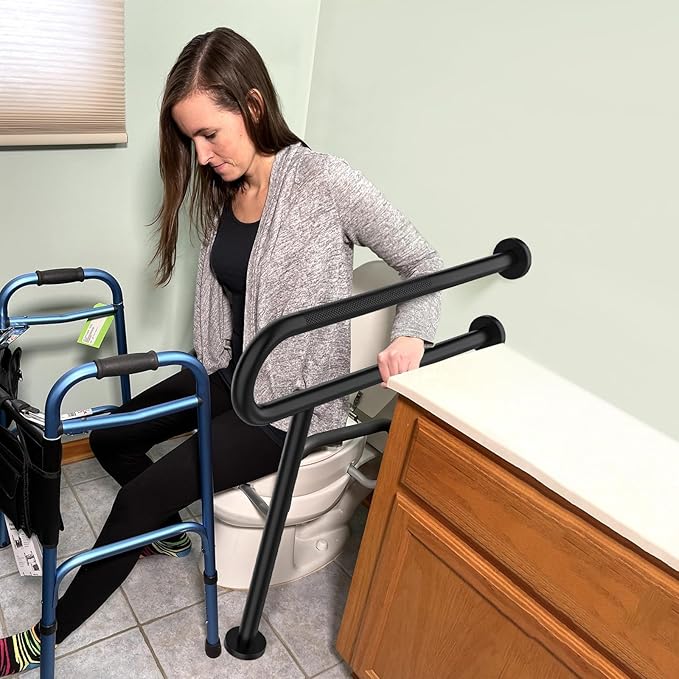 Toilet Support Rail 31.3X 31.5 Inch, Munzong Anti-Slip Black Handicap Grab Bar for Bathroom, Stainless Steel Knurled Safety handrails with Leg for Elderly Disabled Pregnant-1.25’Tube