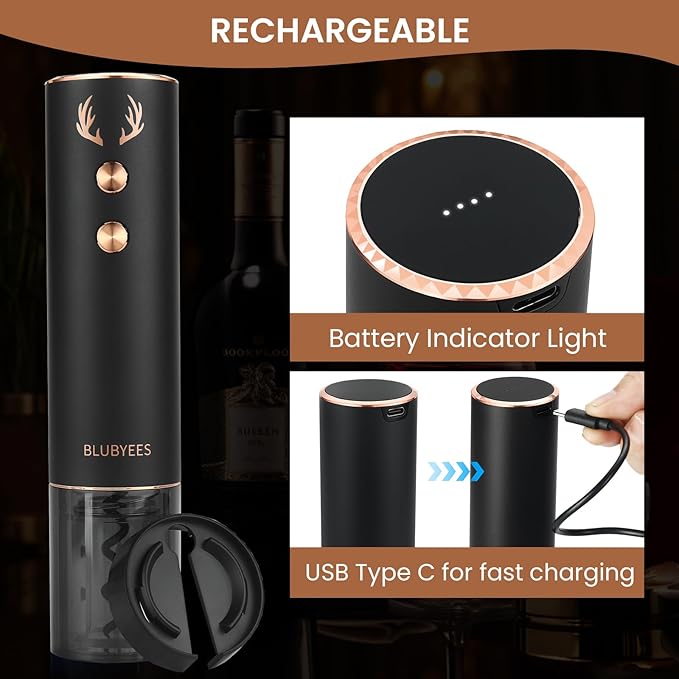 4-in-1 Rechargeable Electric Wine Opener Set - Automatic Corkscrew, Foil Cutter, Aerator Pourer, Vacuum Stopper - Wine Lovers Gifts for Women and Men