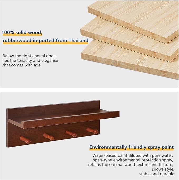 Coat Hook Wall Mount with Shelf, 15.75in Wood Wall Hooks with Storage, for Entryway, Bathroom, Kitchen, Walnut Color YD-WS0240H