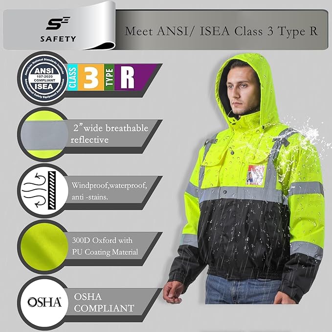 sesafety Reflective Jacket for Men, High Visibility Jackets, Safety Jackets for Men, Hi Vis Construction Bomber Jackets Waterproof with Pockets and Zipper, Black Bottom, Class 3