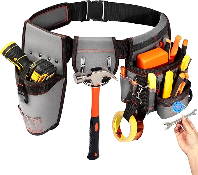 Tool Belt Magnetic for Men with 17 Pocket, 32"-46" Adjustable Heavy Duty Waist Tool Belts with Drill Holster and Hard Board Tool Pouch, Toolbelt for Electrician, Carpenter, Worker, Dad Gift