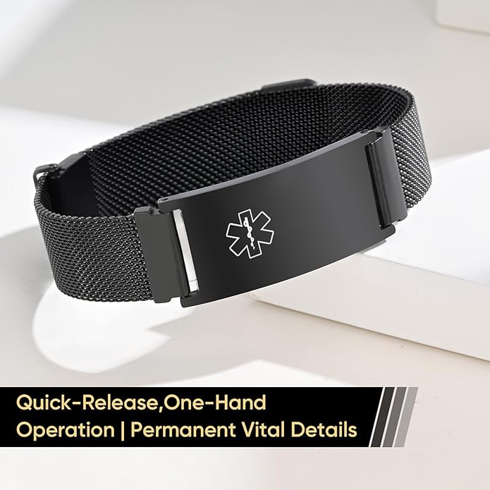VNOX Medical Alert Id Bracelet for Men Women, Custom Engraving Adjustable Stainless Steel Customizable Mesh Emergency Survival Medic Bracelets Wristband Loop Band with Replacement Tag