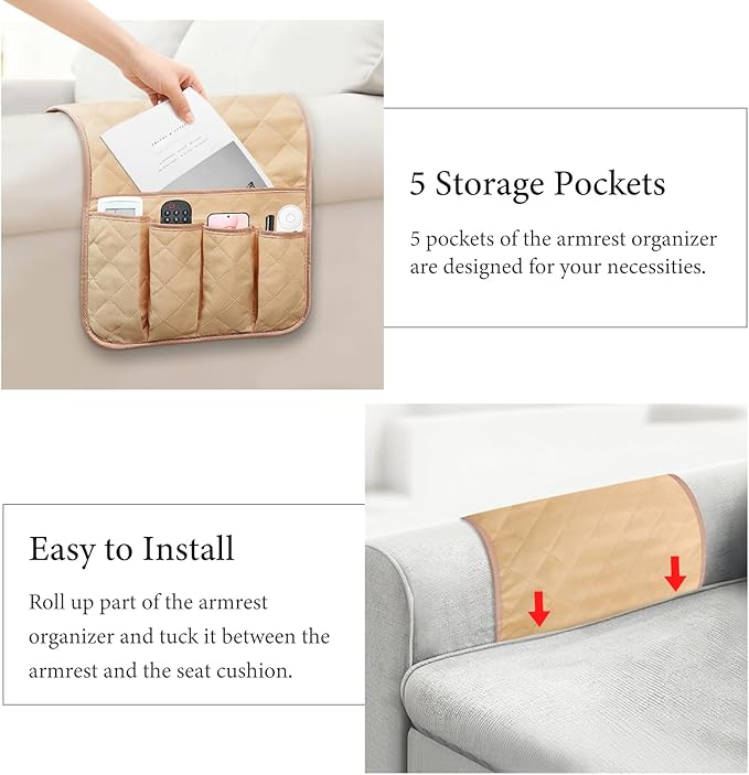 Armchair Caddy Couch Caddy Organizer Remote Control Holder Non-Slip Sofa Armrest Organizer Bedside Caddy with 5 Pockets for Cell Phone TV Remote Control Magazines (Light Khaki)