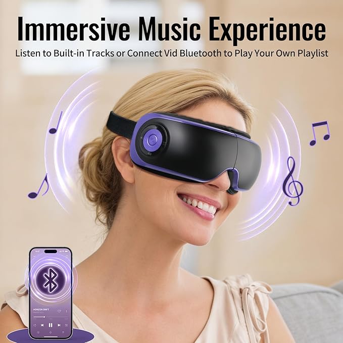 Eye Massager with Heat, Adjustable Bluetooth Music Sleep Mask for Migraine, Dark Circles Relief, Improve Sleep, for Women Men Black Purple