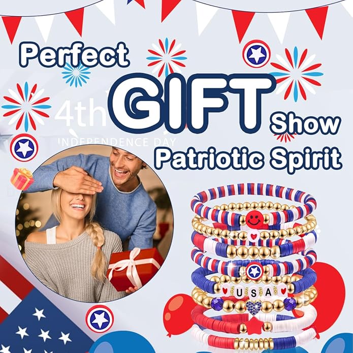 Independence Day Gifts for Women Men Teens Red White Blue Clay Beaded Stackable Stretch Bracelets USA Patriotic Jewelry 4th of July Accessories