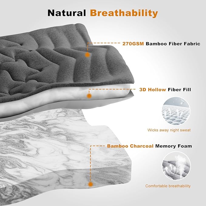 Dual Layer 4 Inch Bamboo Memory Foam Mattress Topper Queen Size, 2 Inch Thick Soft Quilted Pillow Top Cover Plus 2 Inch Charcoal Gel Memory Foam Mattress Pad for Back Pain Relief