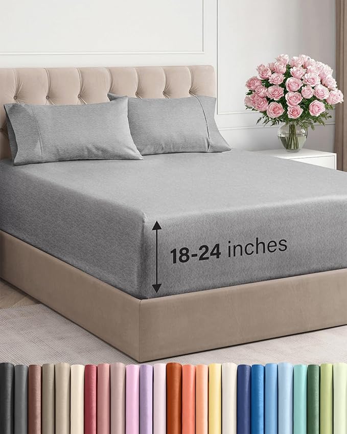 Extra Deep Twin XL Sheet Set - 4 Piece Breathable & Cooling Sheets - Hotel Luxury Bed Sheets Set - Easy Fit - Soft, Wrinkle Free & Comfy Sheets Set - Heathered Grey Sheet Set with Extra Deep Pockets