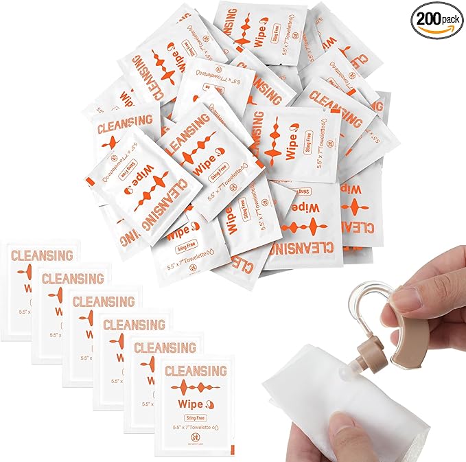 Timgle 200 Count Hearing Aid Wipes Individually Wrapped Cleaning Towelettes Phone Laptop Cleaner Wipes for Earwax Earbuds Sweat Earmold Earplugs in Ear Monitors Clean Removal (Orange)