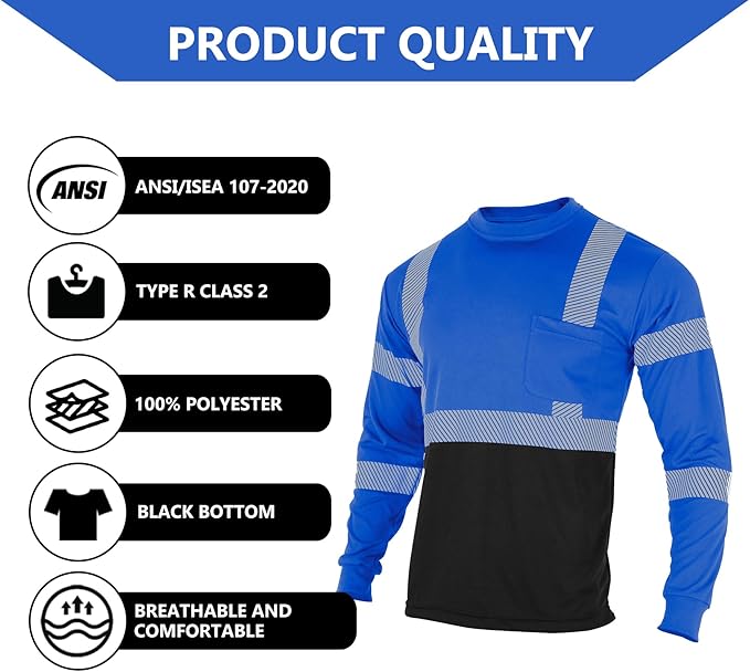 FONIRRA Safety Shirts for Men High Visibility Reflective ANSI Class 2 Hi Vis Construction Work T Shirts Long Sleeve
