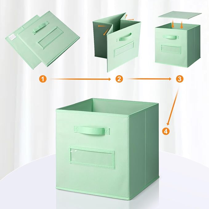 artsdi 13x13x13 storage cube bins(Set of 8) Fabric storage cubes with 8 Labels Window Cards & a Pen, storage cubes 13x13, Collapsible 13 inch cube storage bins, Cubby Organizer Boxes, Grass Green